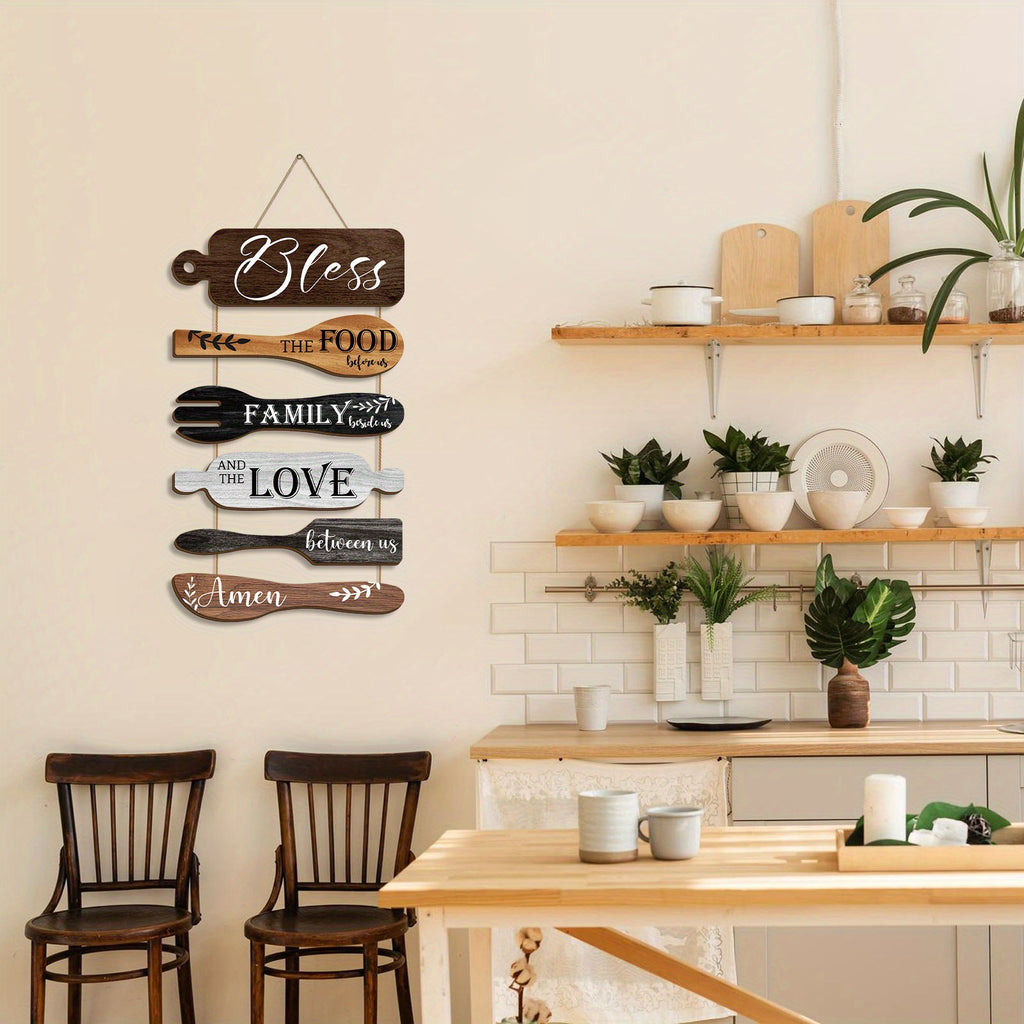 6 Pieces Wood Board Set Bless The Food Before Us Farmhouse Kitchen Wall Decor - Simple Rustic Style Rope Plaque Sign Dining Room Decor Hanging Wall Art
