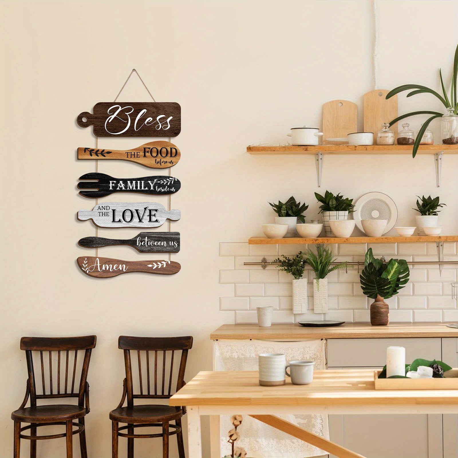 6 Pieces Wood Board Set Bless The Food Before Us Farmhouse Kitchen Wall Decor - Simple Rustic Style Rope Plaque Sign Dining Room Decor Hanging Wall Art