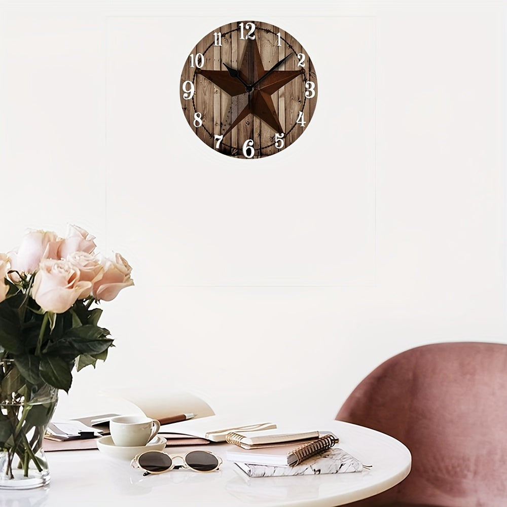 1pc 12in Rustic Western Barn Wood Star Wall Clock - Battery Operated Wooden Clock for Living Room, Bedroom, Dorm Decor - Wood Material, Under 36V - Thanksgiving Decorative Clock_REDSLZ207