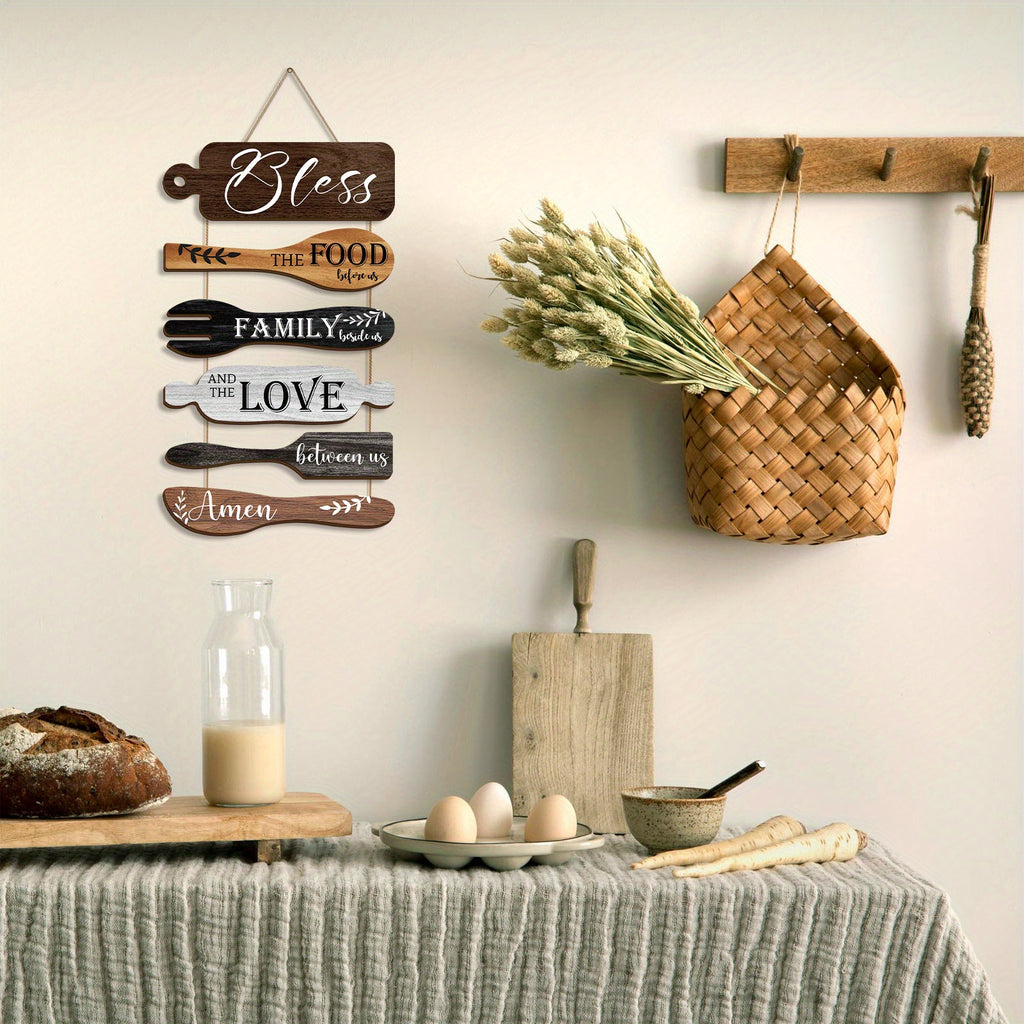 6 Pieces Wood Board Set Bless The Food Before Us Farmhouse Kitchen Wall Decor - Simple Rustic Style Rope Plaque Sign Dining Room Decor Hanging Wall Art