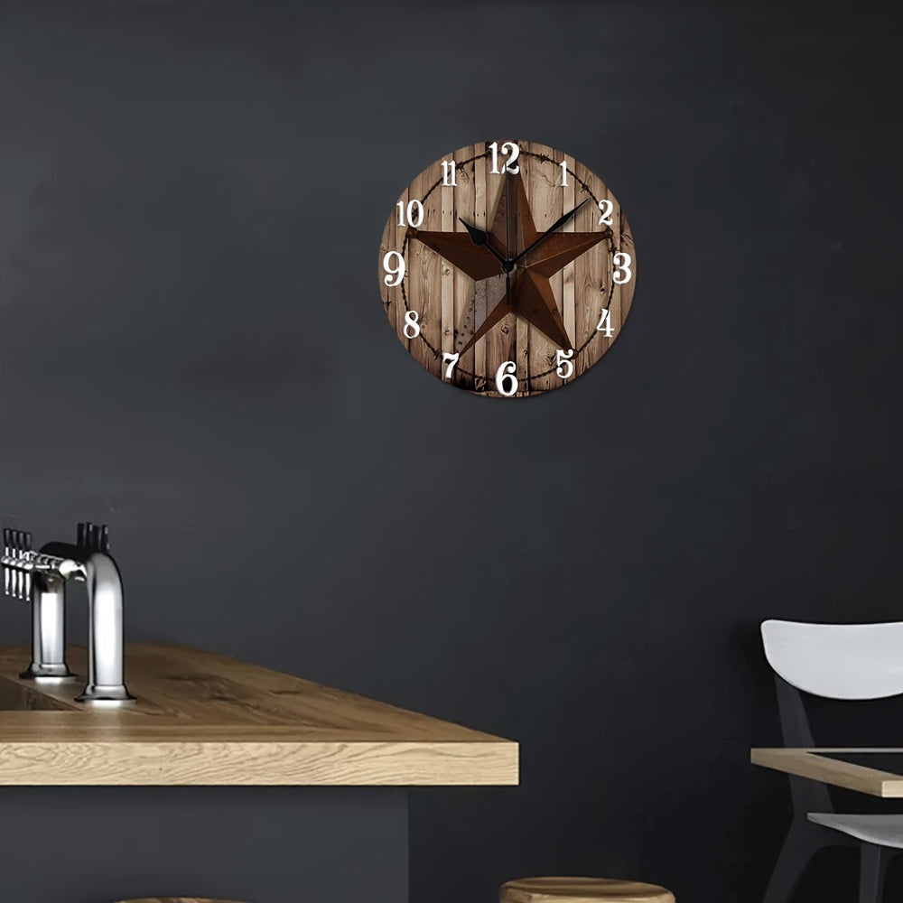 1pc 12in Rustic Western Barn Wood Star Wall Clock - Battery Operated Wooden Clock for Living Room, Bedroom, Dorm Decor - Wood Material, Under 36V - Thanksgiving Decorative Clock_REDSLZ207