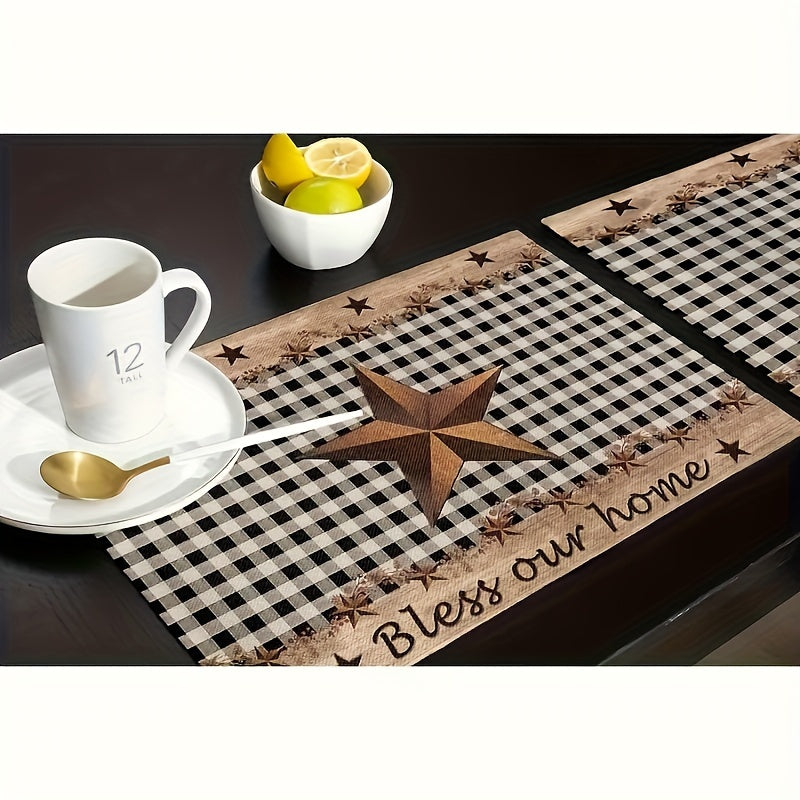 4-Pack/6-Pack Farmhouse Star Placemats, Classic Black and Brown Gingham, Vintage Rustic Linen Table Mats for Holiday Party Decor, Restaurant Kitchen, Wedding, Home Decor, Rectangular, Hand Wash Only, 100% Linen Woven