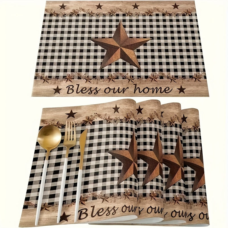 4-Pack/6-Pack Farmhouse Star Placemats, Classic Black and Brown Gingham, Vintage Rustic Linen Table Mats for Holiday Party Decor, Restaurant Kitchen, Wedding, Home Decor, Rectangular, Hand Wash Only, 100% Linen Woven