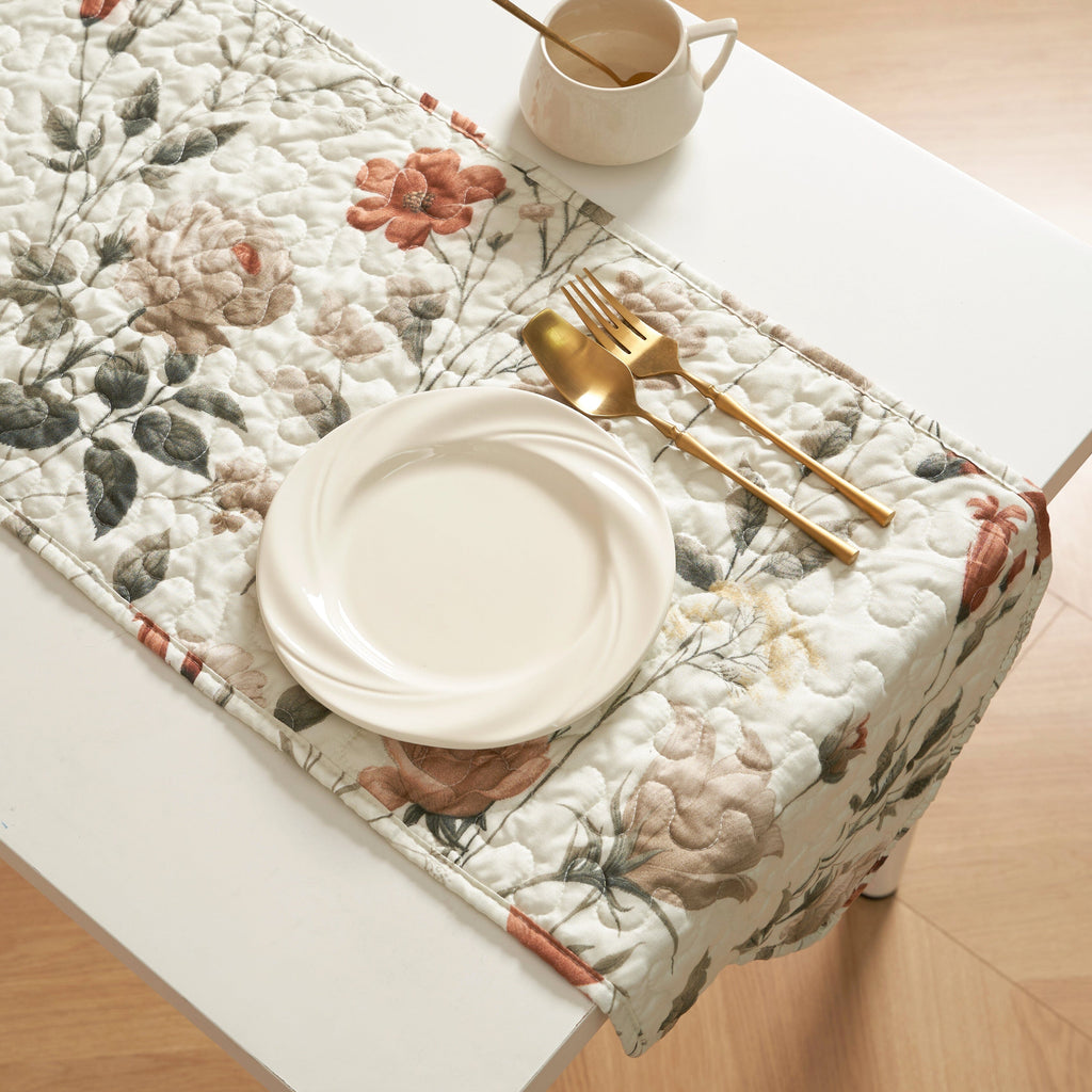 DaDalogy Enchanted Meadow Reversible Dinner Table Runner - Floral Elegance in Beige, Rose, and Soft Olive Green, Premium Soft Microfiber Quilted Table Runner