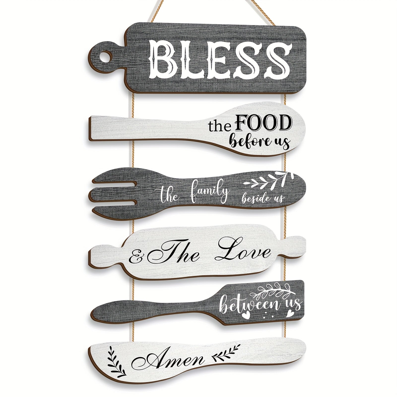 6 Pieces Wood Board Set Bless The Food Before Us Farmhouse Kitchen Wall Decor - Simple Rustic Style Rope Plaque Sign Dining Room Decor Hanging Wall Art