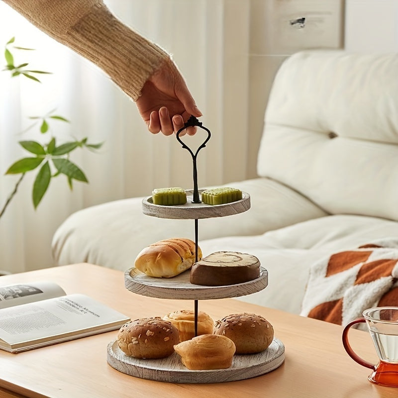 Rustic Wood 3-Tier Cake Stand, Round Wooden Serving Tray with Handle, Multipurpose Dessert Display, Elegant Tiered Cupcake Holder for Parties and Display