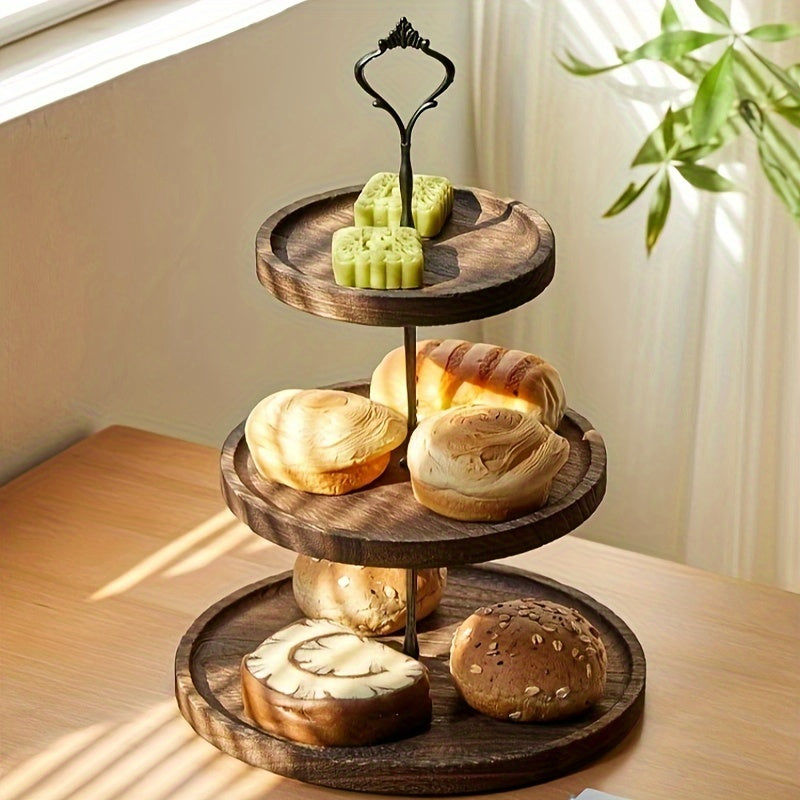 Rustic Wood 3-Tier Cake Stand, Round Wooden Serving Tray with Handle, Multipurpose Dessert Display, Elegant Tiered Cupcake Holder for Parties and Display