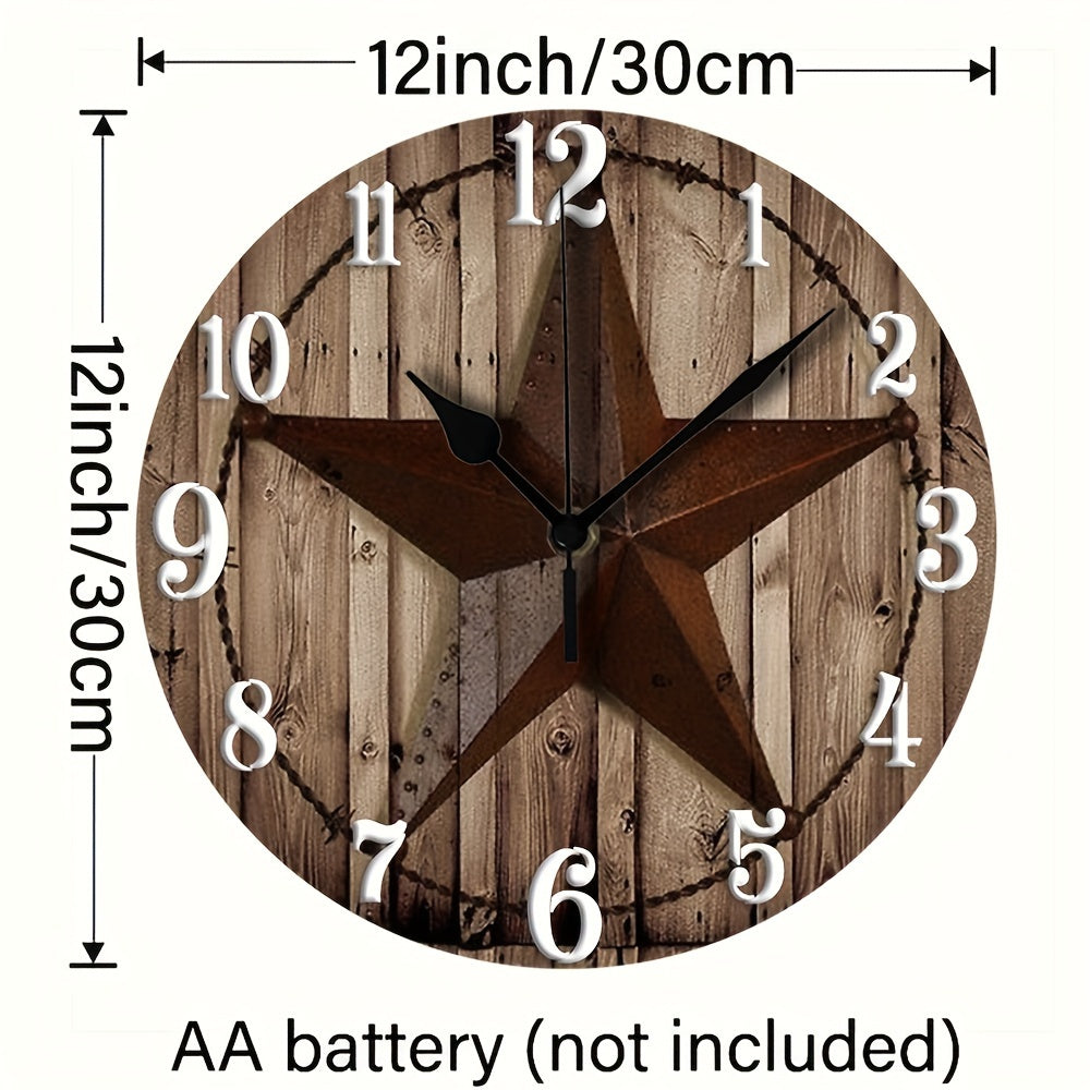 1pc 12in Rustic Western Barn Wood Star Wall Clock - Battery Operated Wooden Clock for Living Room, Bedroom, Dorm Decor - Wood Material, Under 36V - Thanksgiving Decorative Clock_REDSLZ207