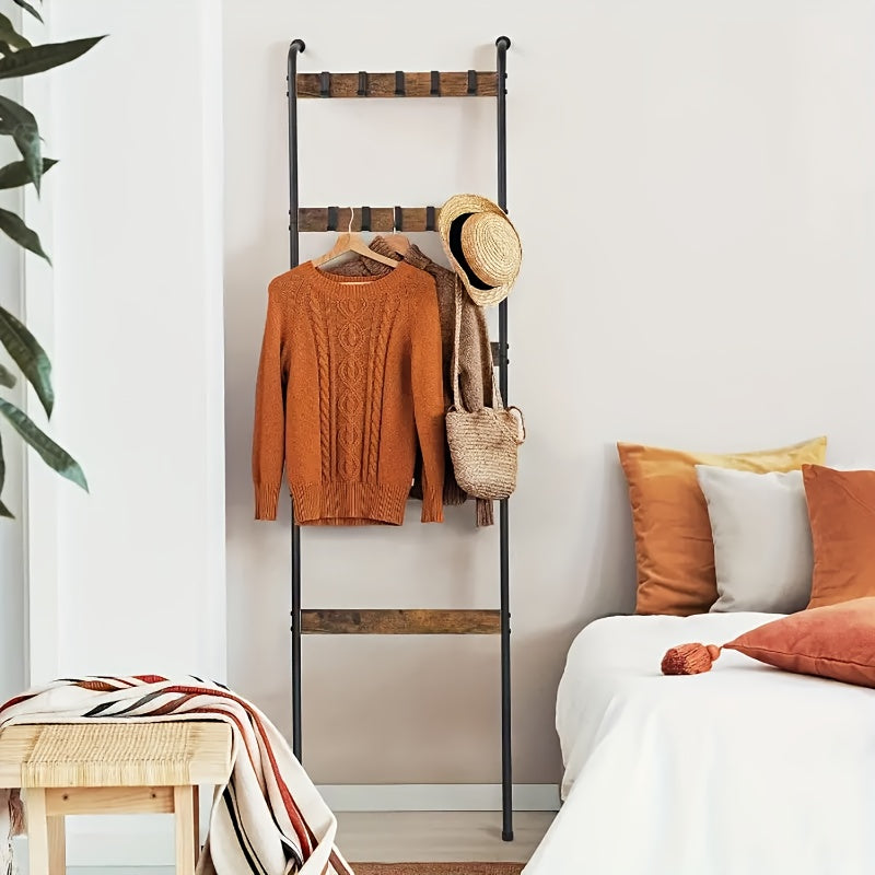 Blanket Ladder, 5 Tier Blanket Holder with 10 Removable Hooks, Farmhouse Style Blanket Ladder for Living Room Bathroom, Decorative Wall Mounted Wooden Quilt Standing Towel Drying Storage Rack, Rustic Brown, Utility Racks