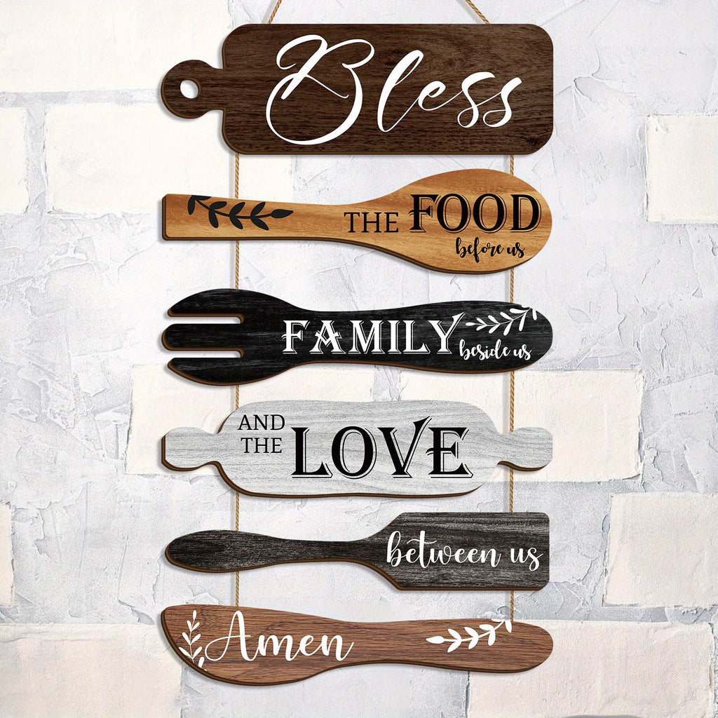 6 Pieces Wood Board Set Bless The Food Before Us Farmhouse Kitchen Wall Decor - Simple Rustic Style Rope Plaque Sign Dining Room Decor Hanging Wall Art