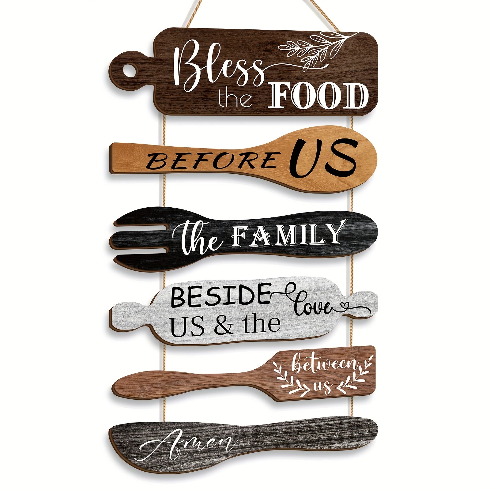 6 Pieces Wood Board Set Bless The Food Before Us Farmhouse Kitchen Wall Decor - Simple Rustic Style Rope Plaque Sign Dining Room Decor Hanging Wall Art