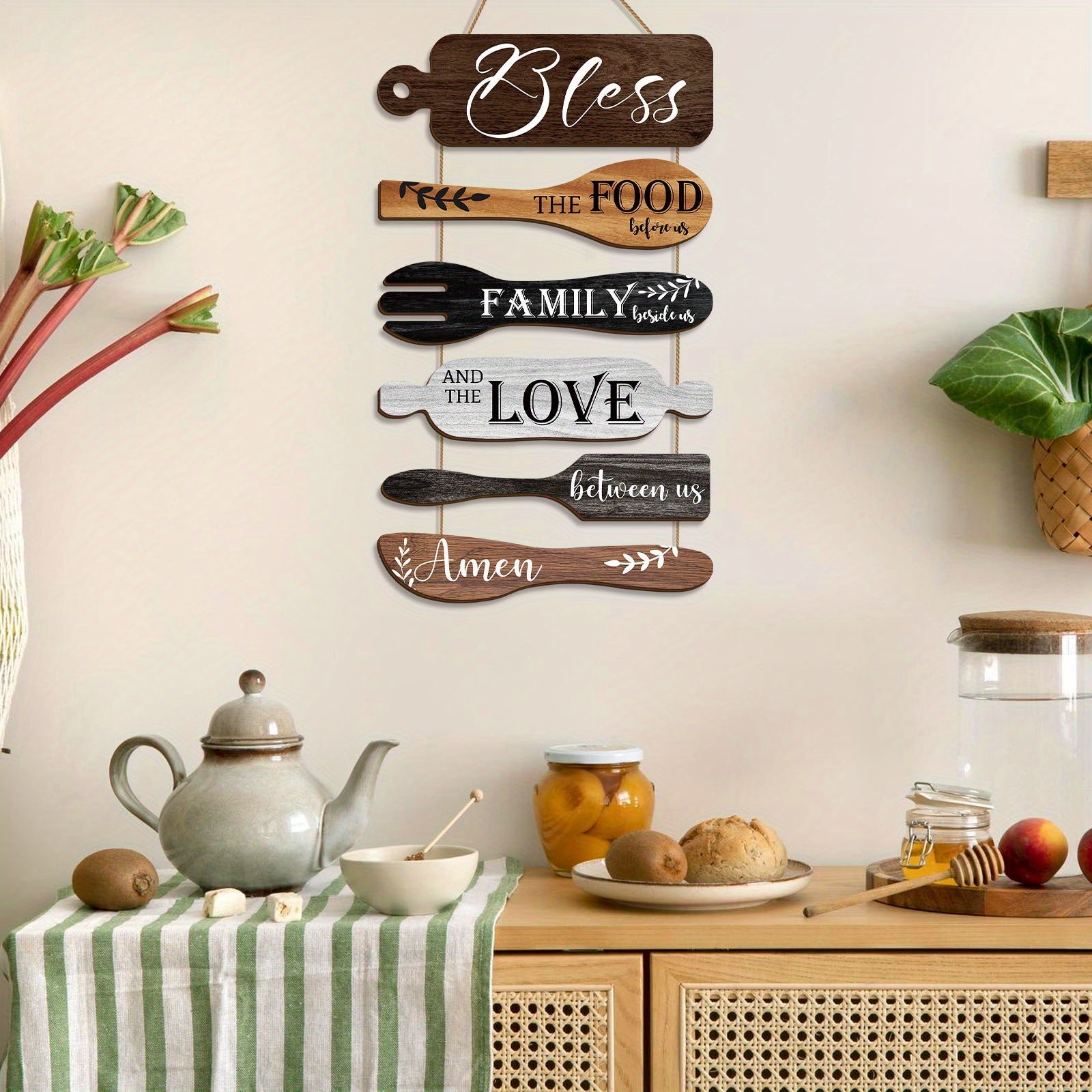 6 Pieces Wood Board Set Bless The Food Before Us Farmhouse Kitchen Wall Decor - Simple Rustic Style Rope Plaque Sign Dining Room Decor Hanging Wall Art
