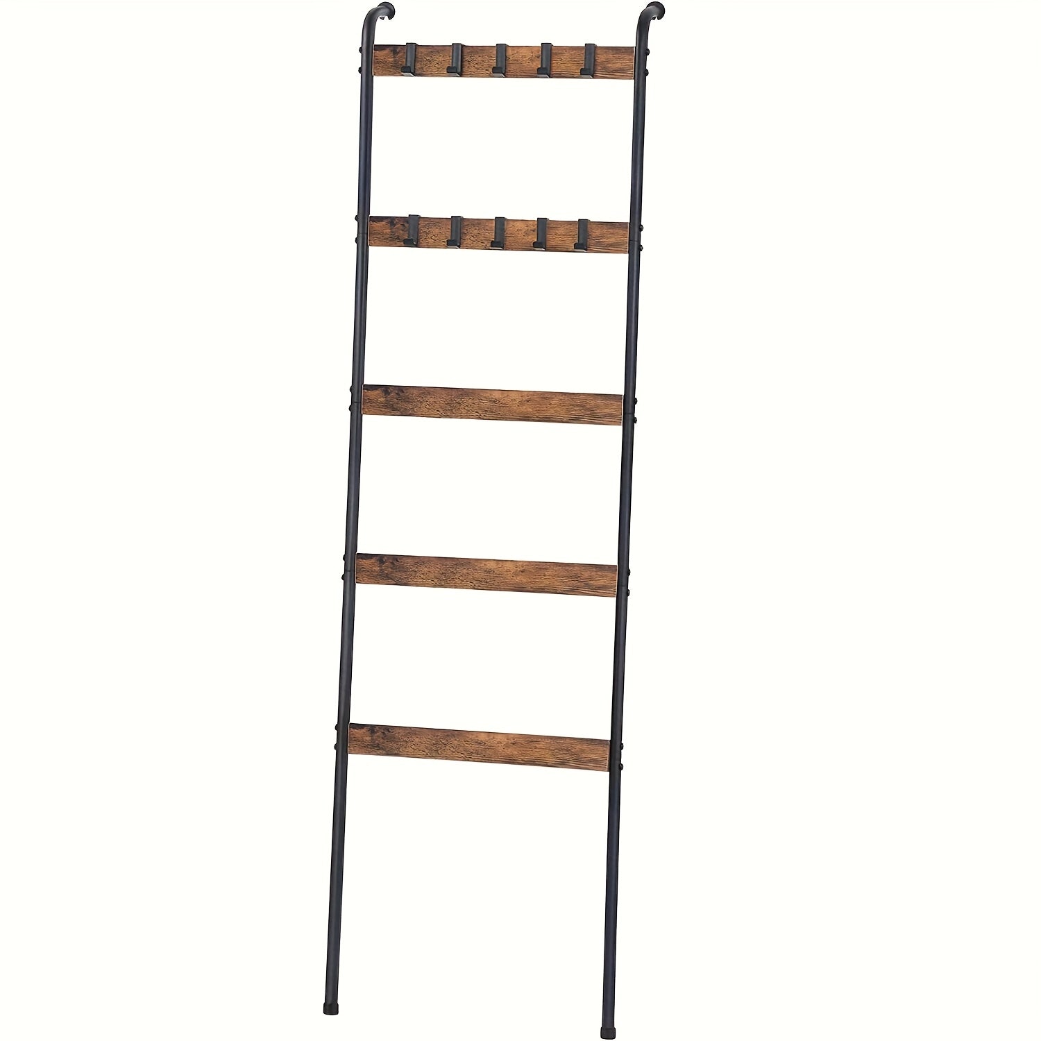 Blanket Ladder, 5 Tier Blanket Holder with 10 Removable Hooks, Farmhouse Style Blanket Ladder for Living Room Bathroom, Decorative Wall Mounted Wooden Quilt Standing Towel Drying Storage Rack, Rustic Brown, Utility Racks
