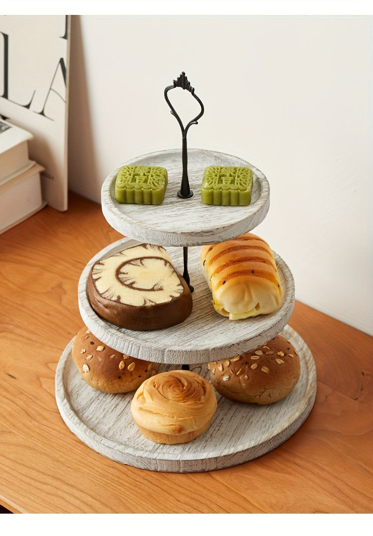 Rustic Wood 3-Tier Cake Stand, Round Wooden Serving Tray with Handle, Multipurpose Dessert Display, Elegant Tiered Cupcake Holder for Parties and Display