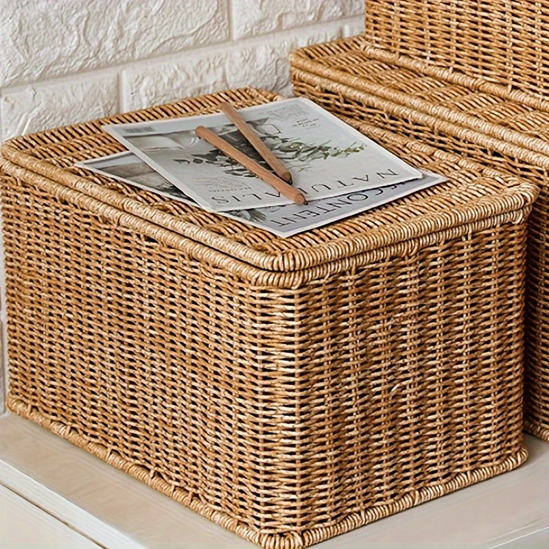 Rustic Woven Storage Basket with Lid - Versatile Imitation Rattan Organizer for Toys, Snacks & More -  For Home Decor - Suitable for Bathroom, Bedroom, Kitchen, Dorm - Perfect Gift for Housewarming & Organization Enthusiasts