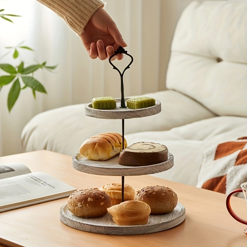Rustic Wood 3-Tier Cake Stand, Round Wooden Serving Tray with Handle, Multipurpose Dessert Display, Elegant Tiered Cupcake Holder for Parties and Display